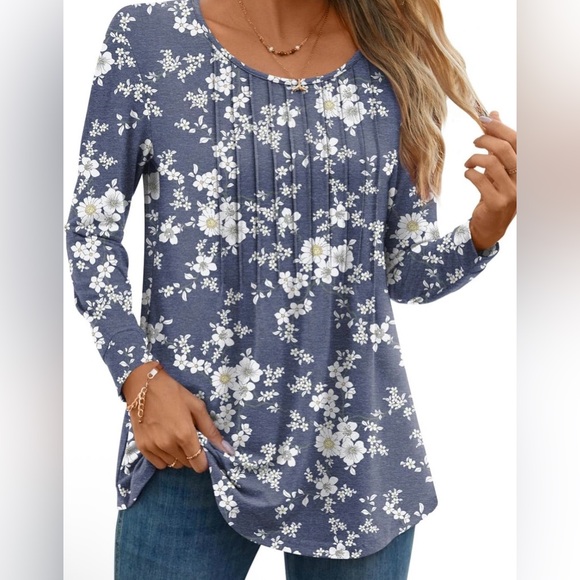 Little Boss Boutique Tops - Dusty Blue Floral Knit Top with Pin Tuck Pleating